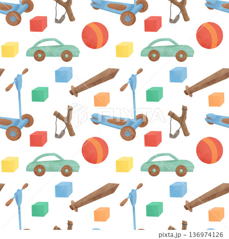 Seamless pattern, children's toys: car, scooter, ball, colored cubes, slingshot, wooden sword. In a flat style. Watercolor, gouache. For the design Seamless pattern, children's toys: car, scooter, ball, colored cubes, slingshot, wooden sword. In a flat style. Watercolor, gouache. For the design 136974126