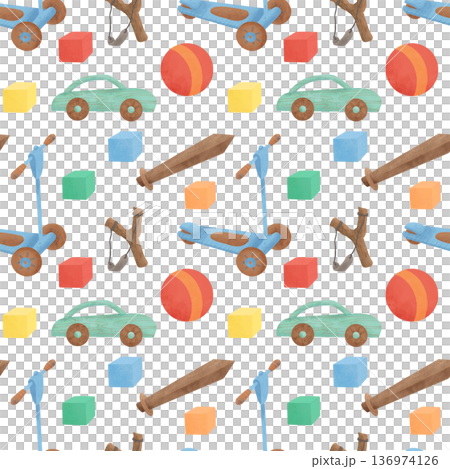 Seamless pattern, children's toys: car, scooter, ball, colored cubes, slingshot, wooden sword. In a flat style. Watercolor, gouache. For the design Seamless pattern, children's toys: car, scooter, ball, colored cubes, slingshot, wooden sword. In a flat style. Watercolor, gouache. For the design 136974126
