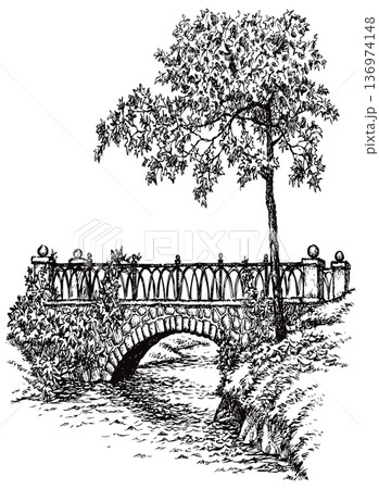 Vector landscape. A maple near the ancient stone bridge over a small river Vector landscape. A maple near the ancient stone bridge over a small river 136974148