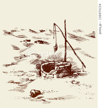 Man and camels at withered well in desert. Vector drawing 136974154