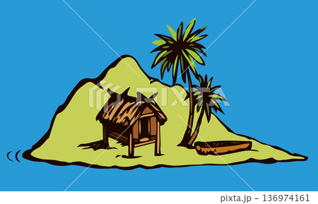 Hut on the island. Vector drawing 136974161