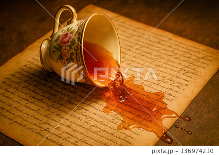 Vintage Teacup Spilling Tea On Old Manuscript 136974210