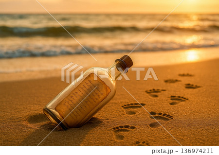 Message In Bottle On Sandy Beach At Sunset 136974211