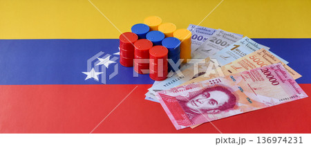 Metal barrels of oil, gas, or chemicals on the Venezuelan flag, Venezuela production. Barrels of oil 136974231
