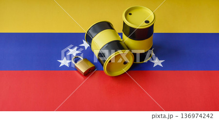 Barrels of oil, gas, or chemicals on the venezuelan flag and a ban sign. Barrels of venezuela oil 136974242