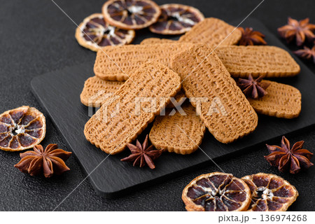 Caramel biscuit cookies, or shortbread, are a healthy breakfast food. Biscuit cookies 136974268