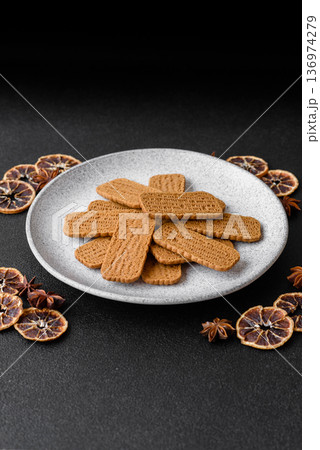 Caramel biscuit cookies, or shortbread, are a healthy breakfast food. Biscuit cookies 136974279