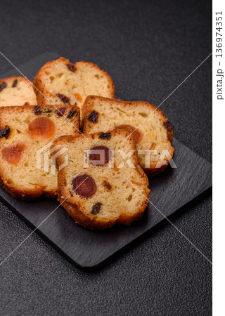 Fruit cake, a dessert with cherries, plums, and raisins for a festive Christmas table. Fruit cake Fruit cake, a dessert with cherries, plums, and raisins for a festive Christmas table. Fruit cake 136974351
