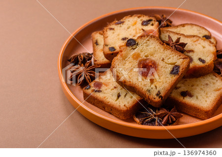 Fruit cake, a dessert with cherries, plums, and raisins for a festive Christmas table. Fruit cake 136974360