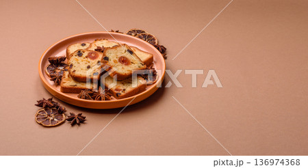 Fruit cake, a dessert with cherries, plums, and raisins for a festive Christmas table. Fruit cake Fruit cake, a dessert with cherries, plums, and raisins for a festive Christmas table. Fruit cake 136974368