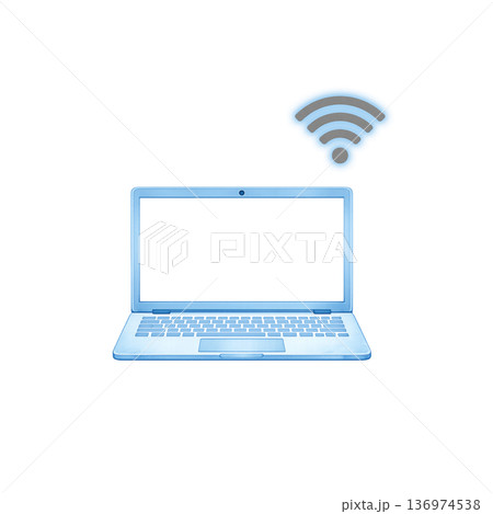 青いノートパソコンとWiFi 爽やかな通信イメージイラスト 136974538