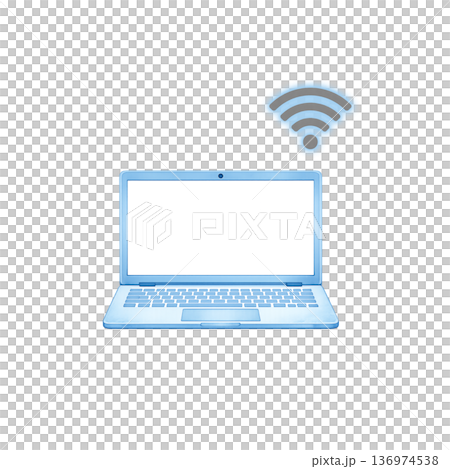 青いノートパソコンとWiFi 爽やかな通信イメージイラスト 136974538