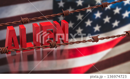 Alien Concept with Barbed Wire Over American Flag Background 3d render. 136974723