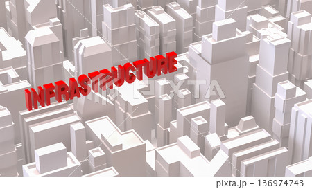 Red Infrastructure Text Over Abstract Cityscape Background 3d render. 136974743