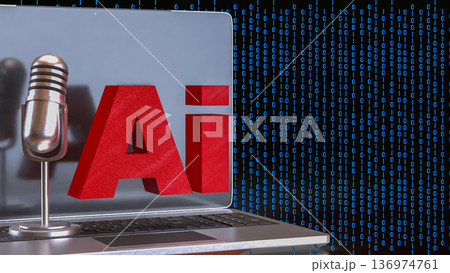 Artificial Intelligence Voice Technology on Laptop with Binary Code 3d render. Artificial Intelligence Voice Technology on Laptop with Binary Code 3d render. 136974761