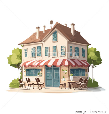 テラス席のあるおしゃれなカフェ外観イラスト 136974904