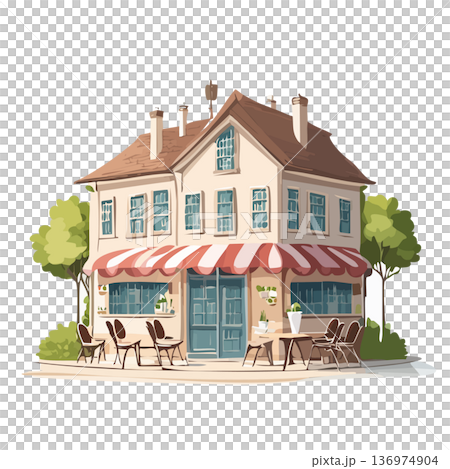 テラス席のあるおしゃれなカフェ外観イラスト 136974904