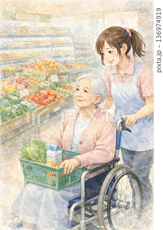 車椅子シニア女性と買い物を手伝う女性スタッフ 車椅子シニア女性と買い物を手伝う女性スタッフ 136974919