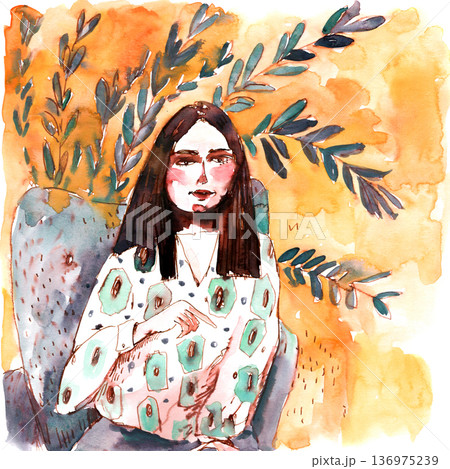 Watercolor Portrait of a Woman Indoors Watercolor Portrait of a Woman Indoors 136975239