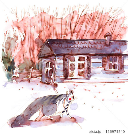 Watercolor Cat Near Rustic Cabin in Winter 136975240