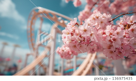 満開の桜と観覧車が彩る春のレジャー風景 136975435