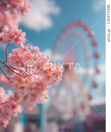 満開の桜と観覧車が映える春の縦構図風景 136975486