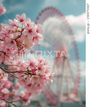 満開の桜と観覧車が映える春の縦構図風景 136975487
