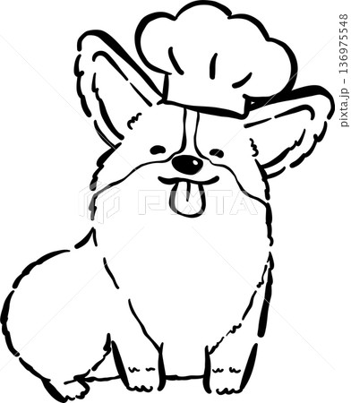 Cute Corgi Outline with Chef Hat Cartoon Hand Drawn, Bread Loaf Dog Doodle 136975548