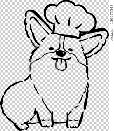 Cute Corgi Outline with Chef Hat Cartoon Hand Drawn, Bread Loaf Dog Doodle 136975548