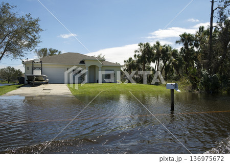 Flooded empty street after hurricane rainfall in Florida residential area. Consequences of natural disaster 136975672