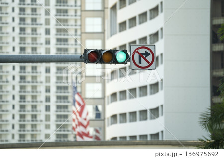 Overhead traffic lights high above street in Miami, Florida 136975692