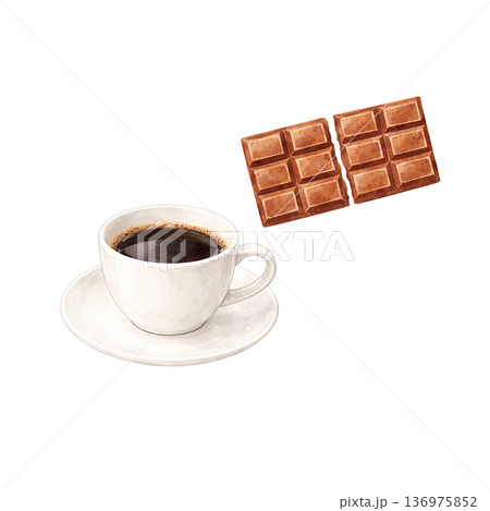 水彩風 コーヒーカップとチョコレートのイラスト カフェタイム 切り抜き素材 136975852