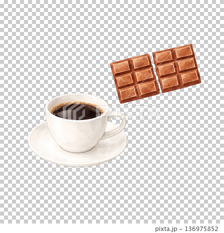 水彩風 コーヒーカップとチョコレートのイラスト カフェタイム 切り抜き素材 136975852