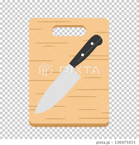 Watercolor style cutting board and knife illustration kitchen cooking utensils cutout material 136975853
