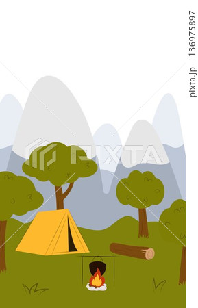 Flat vector illustration of camping outdoors. Mountains, campfire, tent, nature, camper, trees, coffee, backpack, guitar, kettle, boiler, tea, silence, calm, peace, marshmallows on fire Flat vector illustration of camping outdoors. Mountains, campfire, tent, nature, camper, trees, coffee, backpack, guitar, kettle, boiler, tea, silence, calm, peace, marshmallows on fire 136975897