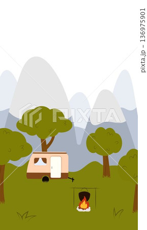 Flat vector illustration of camping outdoors. Mountains, campfire, tent, nature, camper, trees, coffee, backpack, guitar, kettle, boiler, tea, silence, calm, peace, marshmallows on fire 136975901