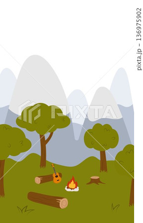 Flat vector illustration of camping outdoors. Mountains, campfire, tent, nature, camper, trees, coffee, backpack, guitar, kettle, boiler, tea, silence, calm, peace, marshmallows on fire 136975902