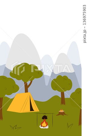 Flat vector illustration of camping outdoors. Mountains, campfire, tent, nature, camper, trees, coffee, backpack, guitar, kettle, boiler, tea, silence, calm, peace, marshmallows on fire 136975903