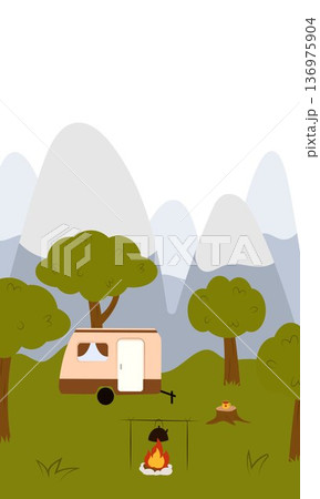Flat vector illustration of camping outdoors. Mountains, campfire, tent, nature, camper, trees, coffee, backpack, guitar, kettle, boiler, tea, silence, calm, peace, marshmallows on fire 136975904