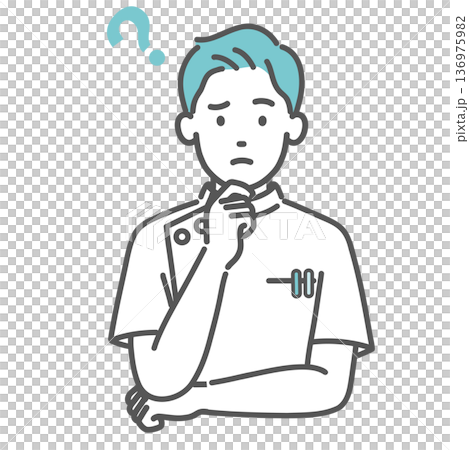 圖：一位身穿白大褂、憂心忡忡、沉思的男護士/醫護人員（上半身） 136975982