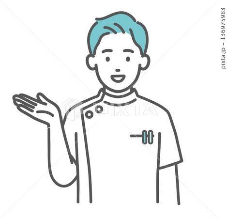 案内・紹介をするケーシー白衣の男性看護師・医療従事者のイラスト(上半身) 案内・紹介をするケーシー白衣の男性看護師・医療従事者のイラスト(上半身) 136975983