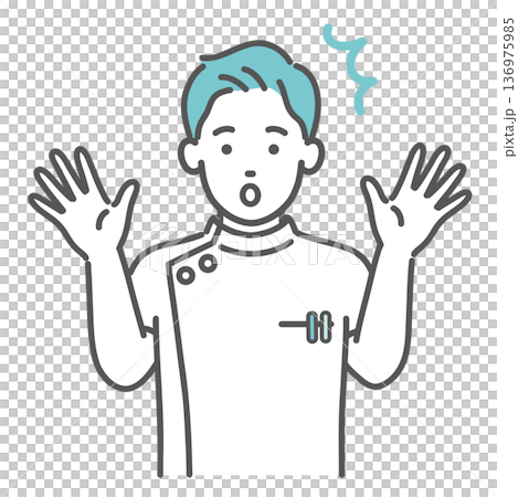 Illustration of a surprised and anxious male nurse or medical worker in a white coat (shocked, upper body) 136975985