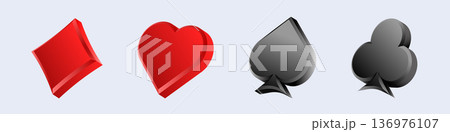 3d playing card suits: diamonds, hearts, spades, clubs 3d playing card suits: diamonds, hearts, spades, clubs 136976107