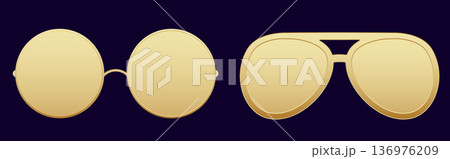 Stylish gold round and aviator sunglasses on dark background Stylish gold round and aviator sunglasses on dark background 136976209