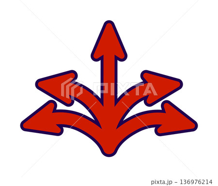 Red arrow direction symbol with multiple paths 136976214