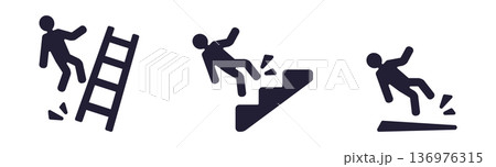 Safety warning: falling hazards—ladder, stairs, slippery floor Safety warning: falling hazards—ladder, stairs, slippery floor 136976315
