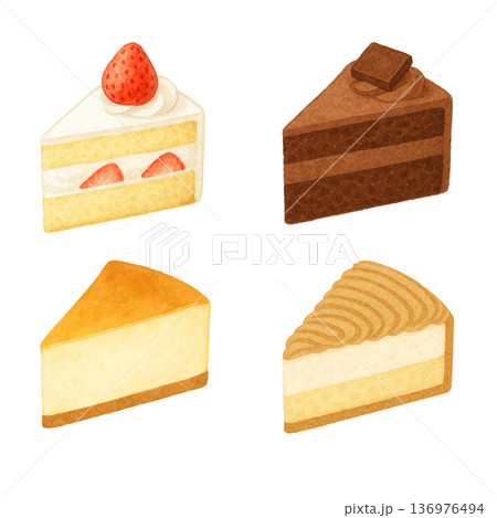 水彩風 ケーキ4種セットのイラスト スイーツ詰め合わせ 切り抜き素材 水彩風 ケーキ4種セットのイラスト スイーツ詰め合わせ 切り抜き素材 136976494