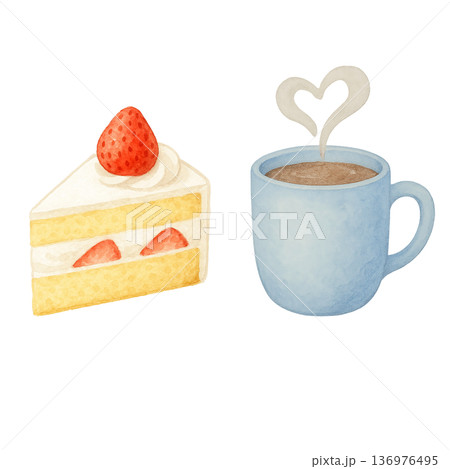 水彩風 ショートケーキとコーヒーのイラスト カフェタイム 切り抜き素材 136976495