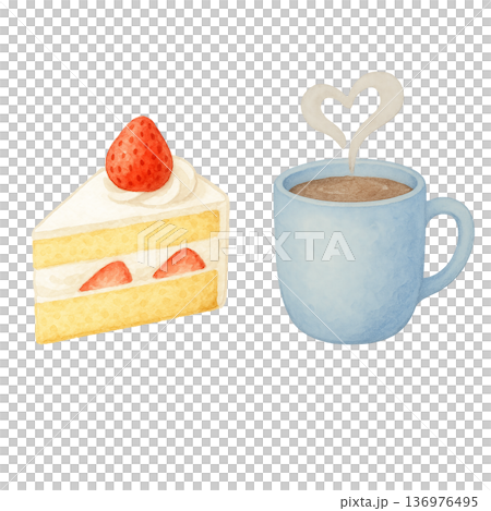 水彩風 ショートケーキとコーヒーのイラスト カフェタイム 切り抜き素材 136976495