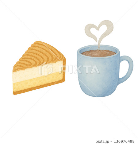 水彩風 モンブランケーキとコーヒーのイラスト カフェ 切り抜き素材 136976499
